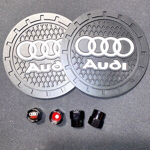 Audi 2 Cup Holders w/Logo & Name. Set of 4 Black Tire Valves Stem Air Caps
